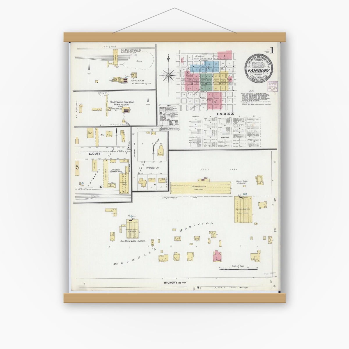 Old map wall art mockup — magnetic wood frame on white wall — Sanborn Fire Insurance Map from Fairbury, Livingston County, Illinois (1906), Sheet #0001