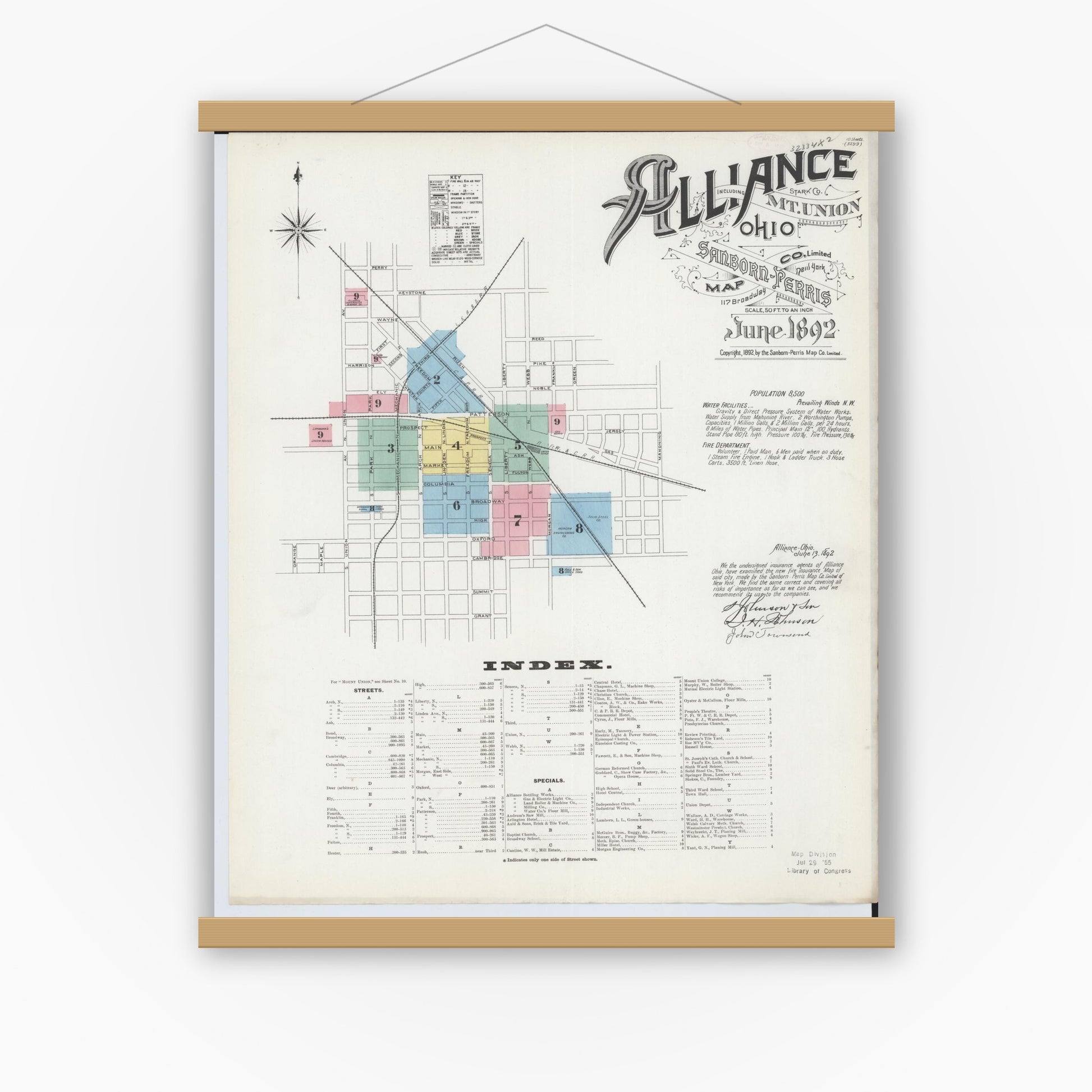 Old map wall art mockup — magnetic wood frame on white wall — Sanborn Fire Insurance Map from Alliance, Stark County, Ohio (1892), Sheet #0001