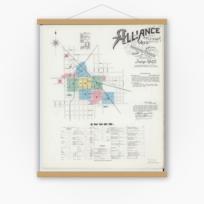 Old map wall art mockup — magnetic wood frame on white wall — Sanborn Fire Insurance Map from Alliance, Stark County, Ohio (1892), Sheet #0001