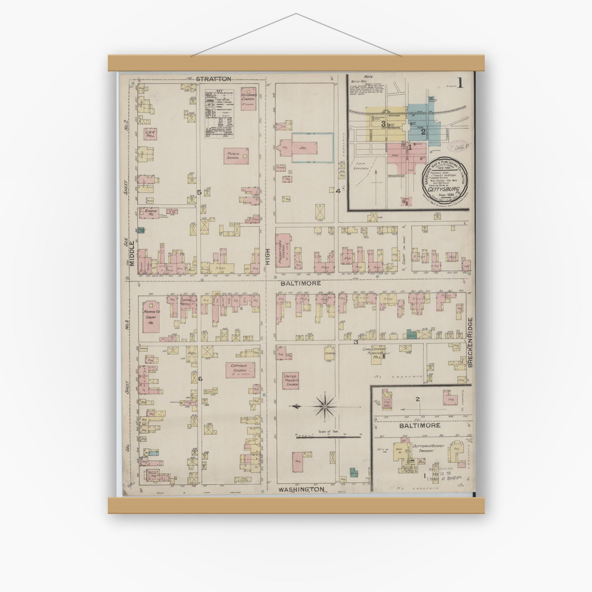Old map wall art mockup — magnetic wood frame on white wall — Sanborn Fire Insurance Map from Gettysburg, Adams County, Pennsylvania (1886) - Complete Map Set