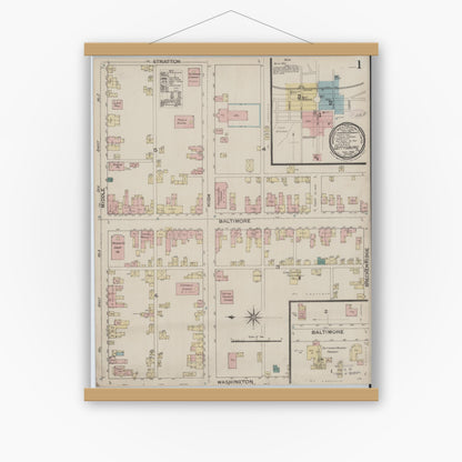 Old map wall art mockup — magnetic wood frame on white wall — Sanborn Fire Insurance Map from Gettysburg, Adams County, Pennsylvania (1886) - Complete Map Set