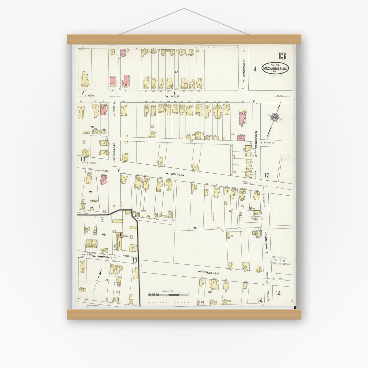 Old map wall art mockup — magnetic wood frame on white wall — Sanborn Fire Insurance Map from Mechanicsburg, Cumberland County, Pennsylvania (1911), Sheet #0013