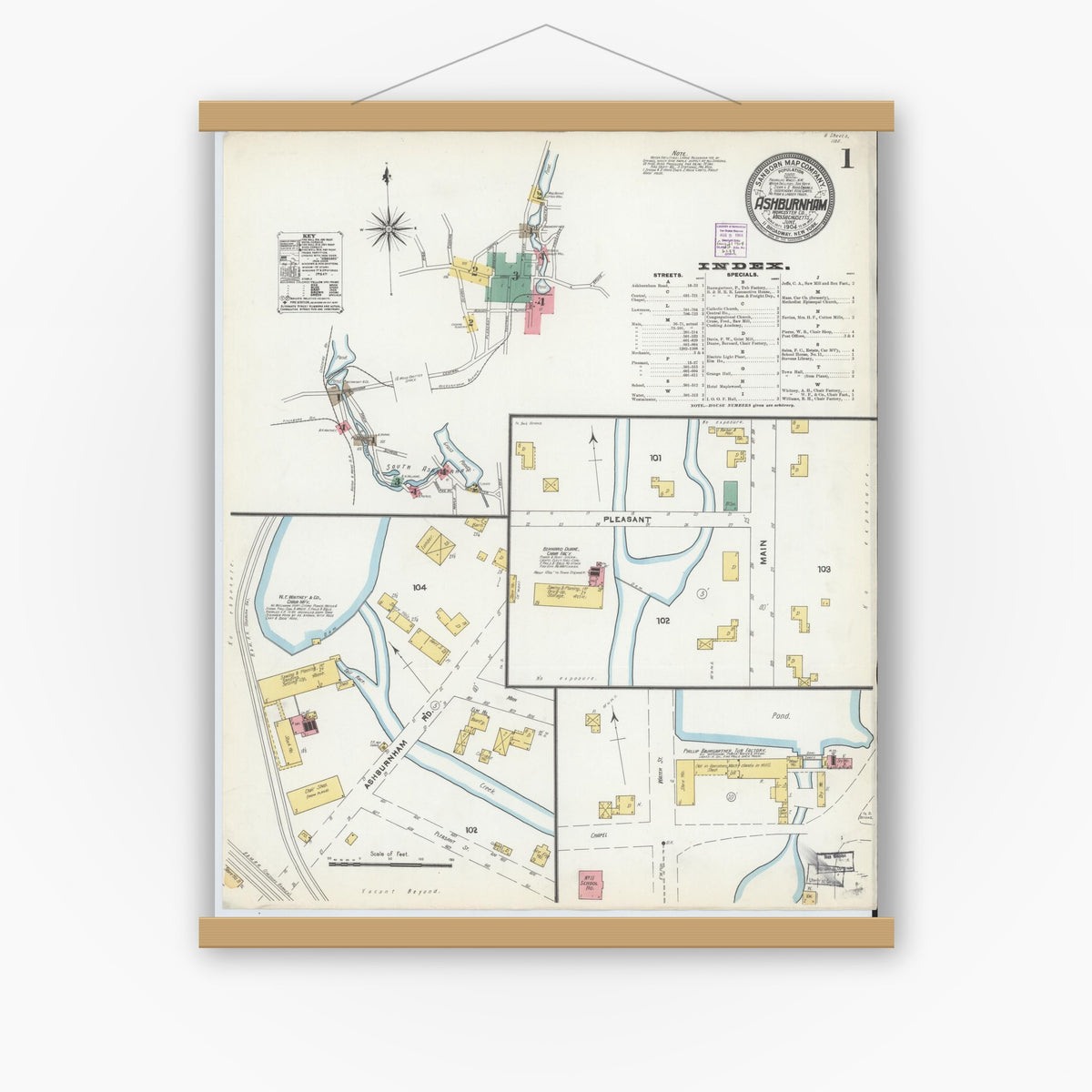 Old map wall art mockup — magnetic wood frame on white wall — Sanborn Fire Insurance Map from Ashburnham, Worcester County, Massachusetts (1904) - Complete Map Set