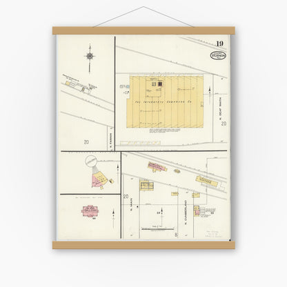 Old map wall art mockup — magnetic wood frame on white wall — Sanborn Fire Insurance Map from Vernon, Wilbarger County, Texas (1920), Sheet #0019