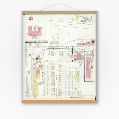 Old map wall art mockup — magnetic wood frame on white wall — Sanborn Fire Insurance Map from Monroe, Monroe County, Michigan (1916), Sheet #0008