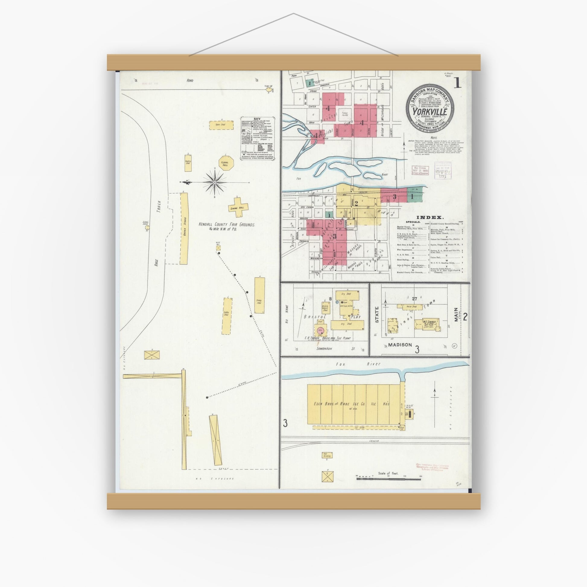 Old map wall art mockup — magnetic wood frame on white wall — Sanborn Fire Insurance Map from Yorkville, Kendall County, Illinois (1905), Sheet #0001