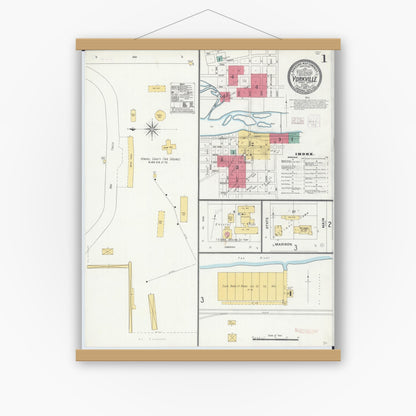 Old map wall art mockup — magnetic wood frame on white wall — Sanborn Fire Insurance Map from Yorkville, Kendall County, Illinois (1905), Sheet #0001