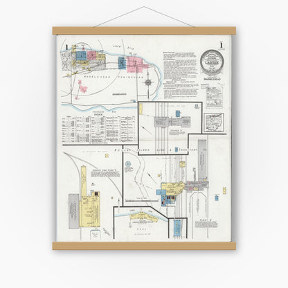 Old map wall art mockup — magnetic wood frame on white wall — Sanborn Fire Insurance Map from Lakeside, Ottawa County, Ohio (1927), Sheet #0001