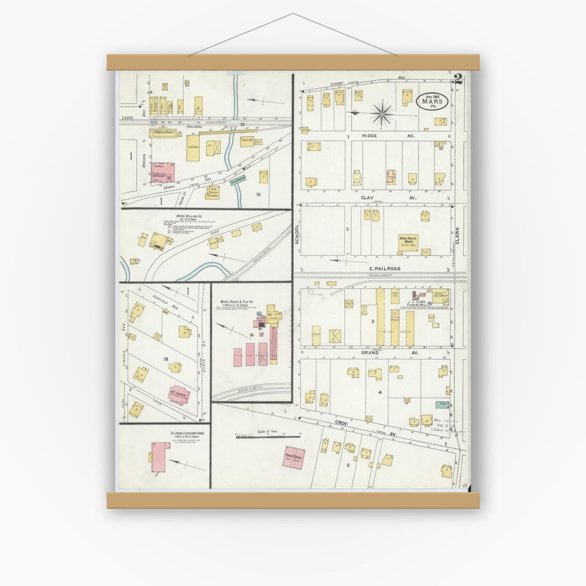 Old map wall art mockup — magnetic wood frame on white wall — Sanborn Fire Insurance Map from Mars, Butler County, Pennsylvania (1905), Sheet #0002