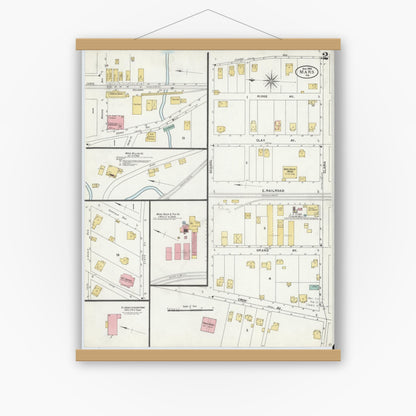 Old map wall art mockup — magnetic wood frame on white wall — Sanborn Fire Insurance Map from Mars, Butler County, Pennsylvania (1905), Sheet #0002