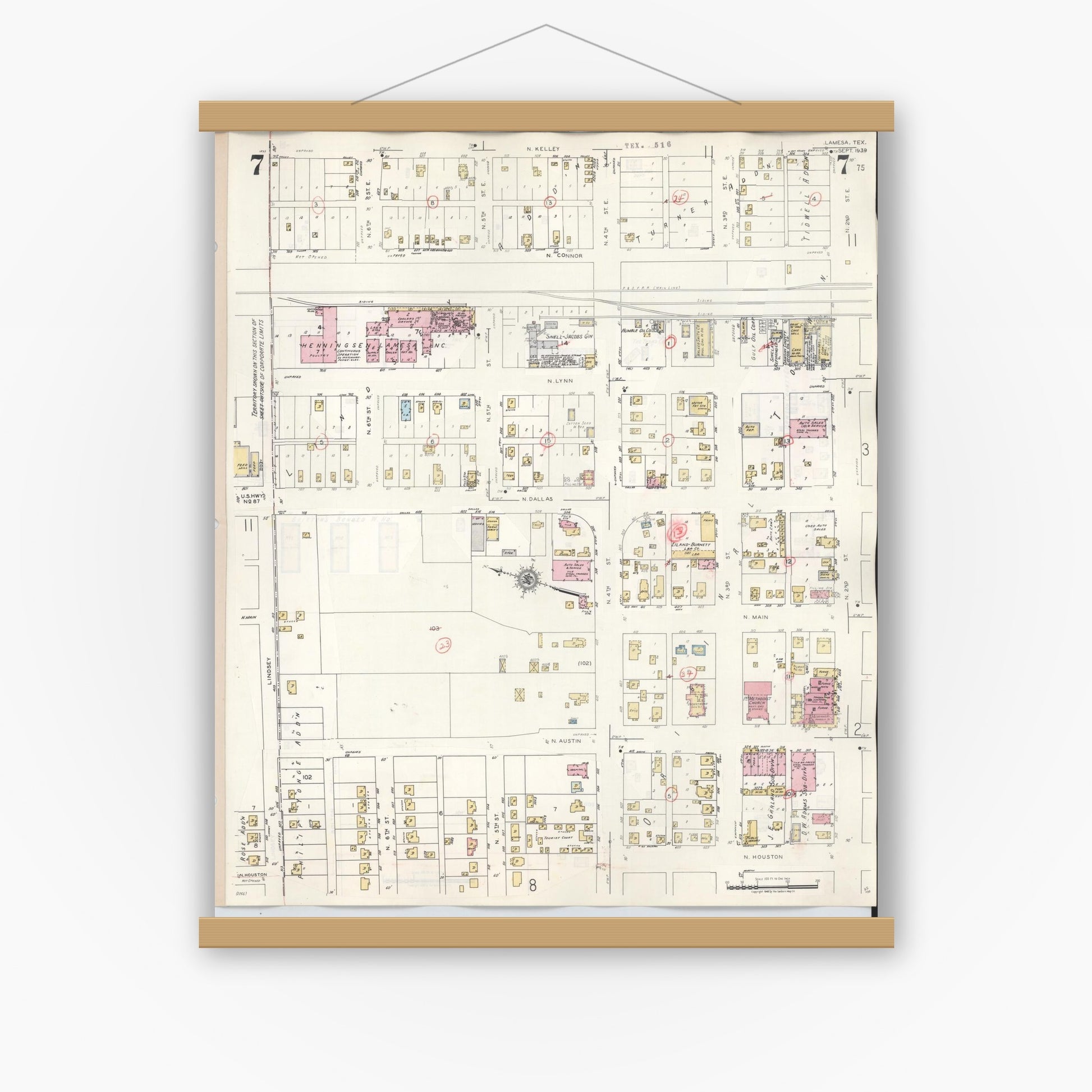 Old map wall art mockup — magnetic wood frame on white wall — Sanborn Fire Insurance Map from Lamesa, Dawson County, Texas (1948), Sheet #0007