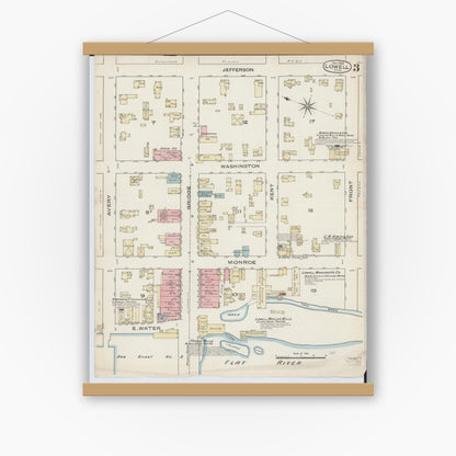 Old map wall art mockup — magnetic wood frame on white wall — Sanborn Fire Insurance Map from Lowell, Kent County, Michigan (1885), Sheet #0003