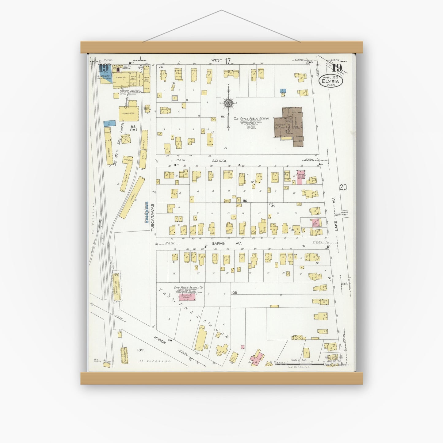 Old map wall art mockup — magnetic wood frame on white wall — Sanborn Fire Insurance Map from Elyria, Lorain County, Ohio (1925), Sheet #0019