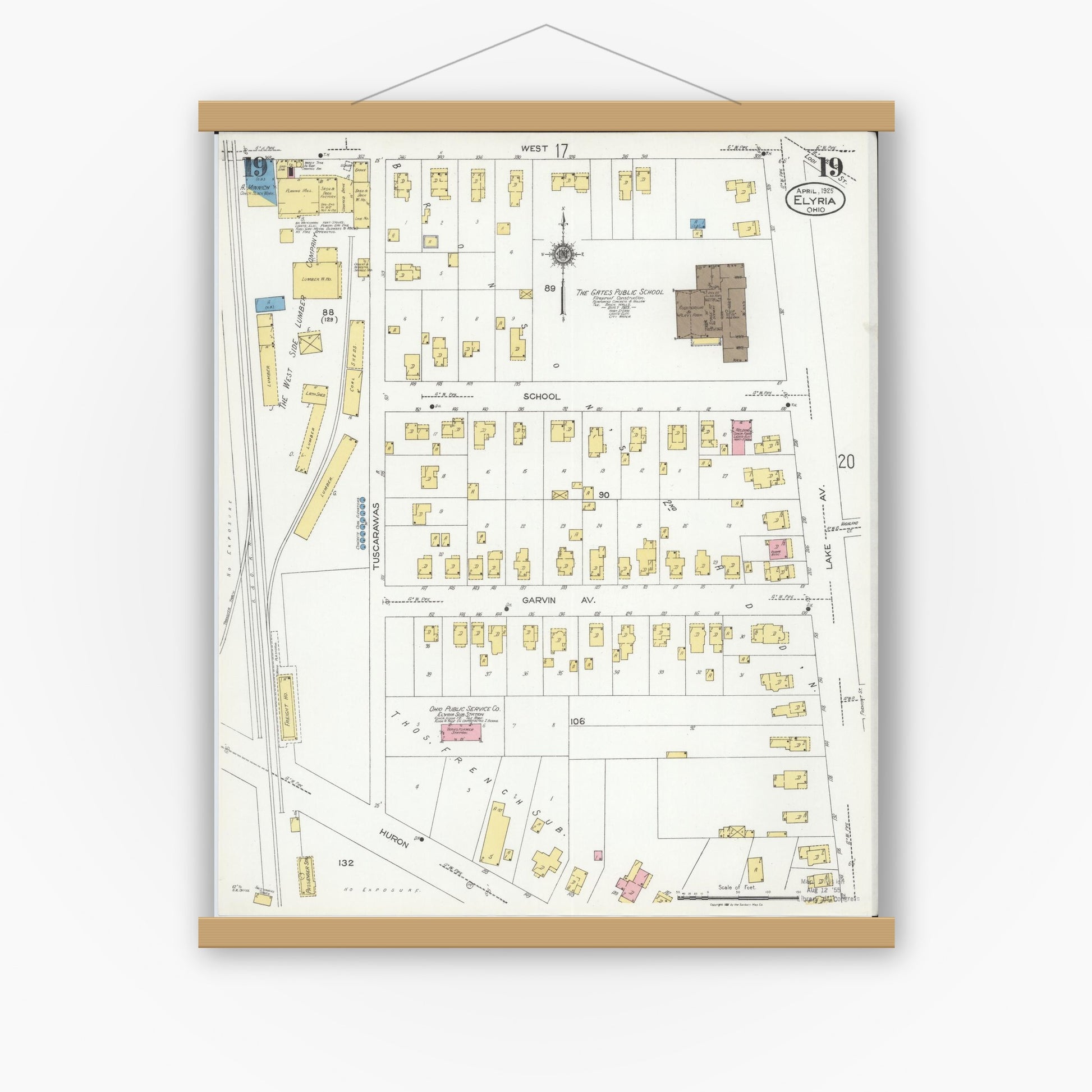 Old map wall art mockup — magnetic wood frame on white wall — Sanborn Fire Insurance Map from Elyria, Lorain County, Ohio (1925), Sheet #0019
