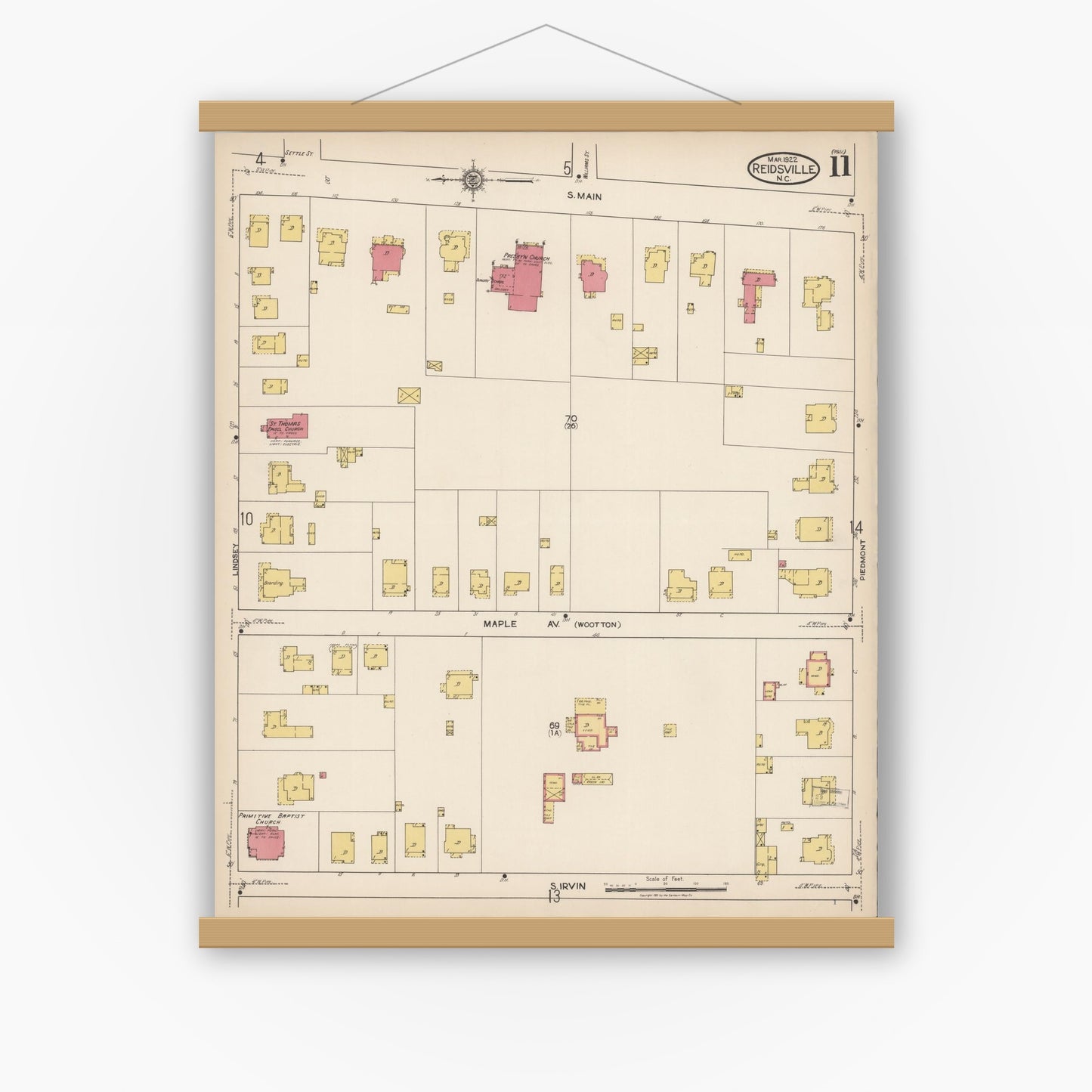 Old map wall art mockup — magnetic wood frame on white wall — Sanborn Fire Insurance Map from Reidsville, Rockingham County, North Carolina (1922), Sheet #0011