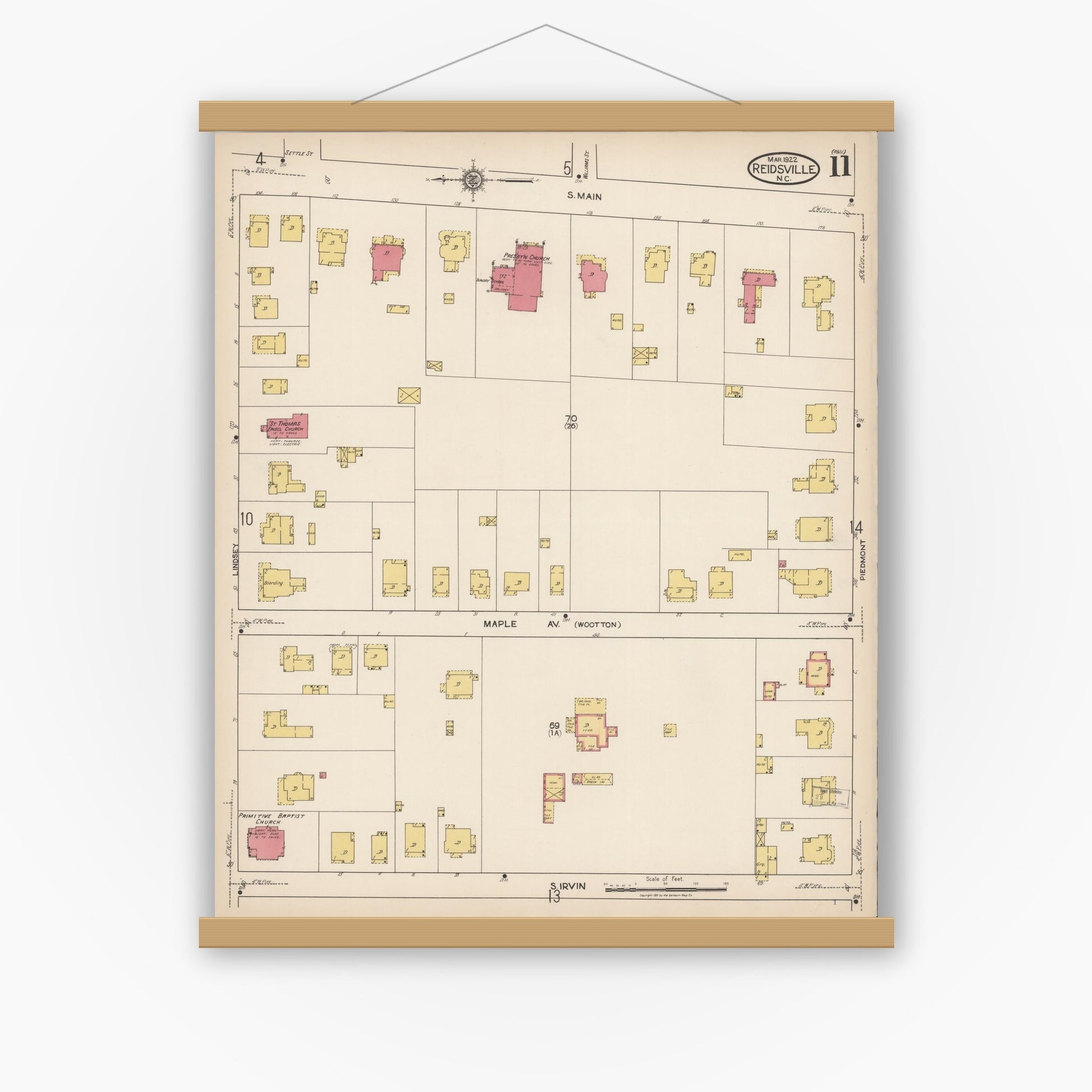 Old map wall art mockup — magnetic wood frame on white wall — Sanborn Fire Insurance Map from Reidsville, Rockingham County, North Carolina (1922), Sheet #0011