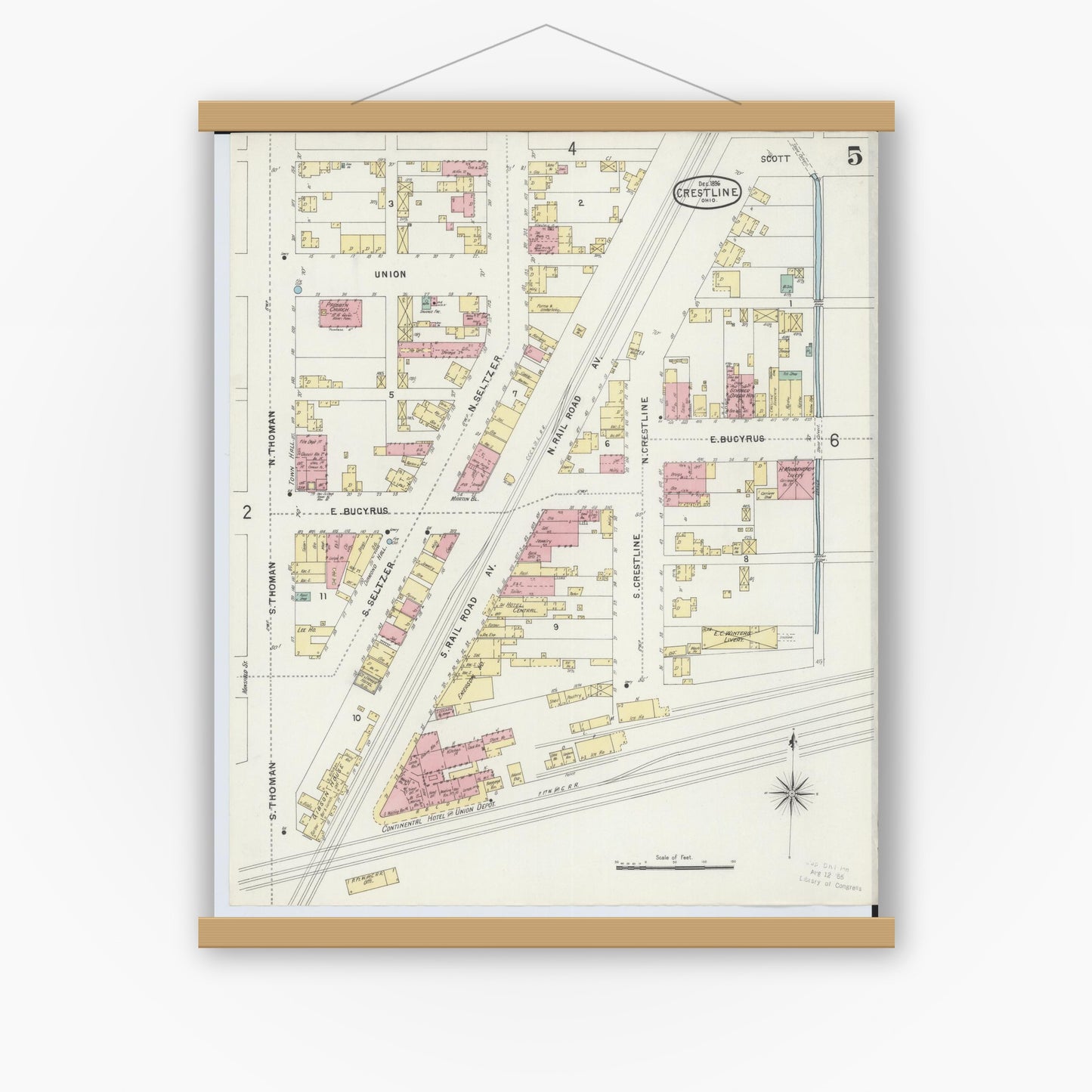 Old map wall art mockup — magnetic wood frame on white wall — Sanborn Fire Insurance Map from Crestline, Crawford County, Ohio (1896), Sheet #0005
