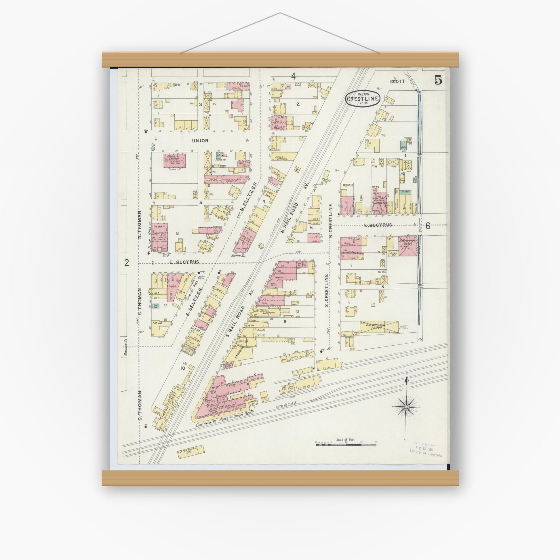 Old map wall art mockup — magnetic wood frame on white wall — Sanborn Fire Insurance Map from Crestline, Crawford County, Ohio (1896), Sheet #0005
