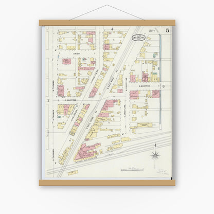 Old map wall art mockup — magnetic wood frame on white wall — Sanborn Fire Insurance Map from Crestline, Crawford County, Ohio (1896), Sheet #0005