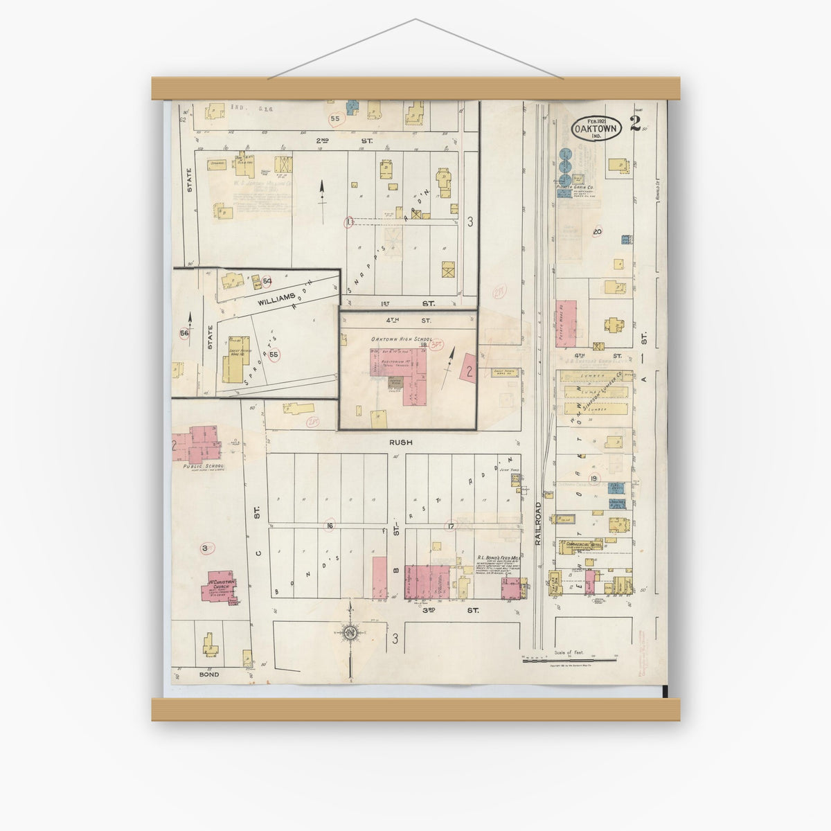 Old map wall art mockup — magnetic wood frame on white wall — Sanborn Fire Insurance Map from Oaktown, Knox County, Indiana (1932), Sheet #0002