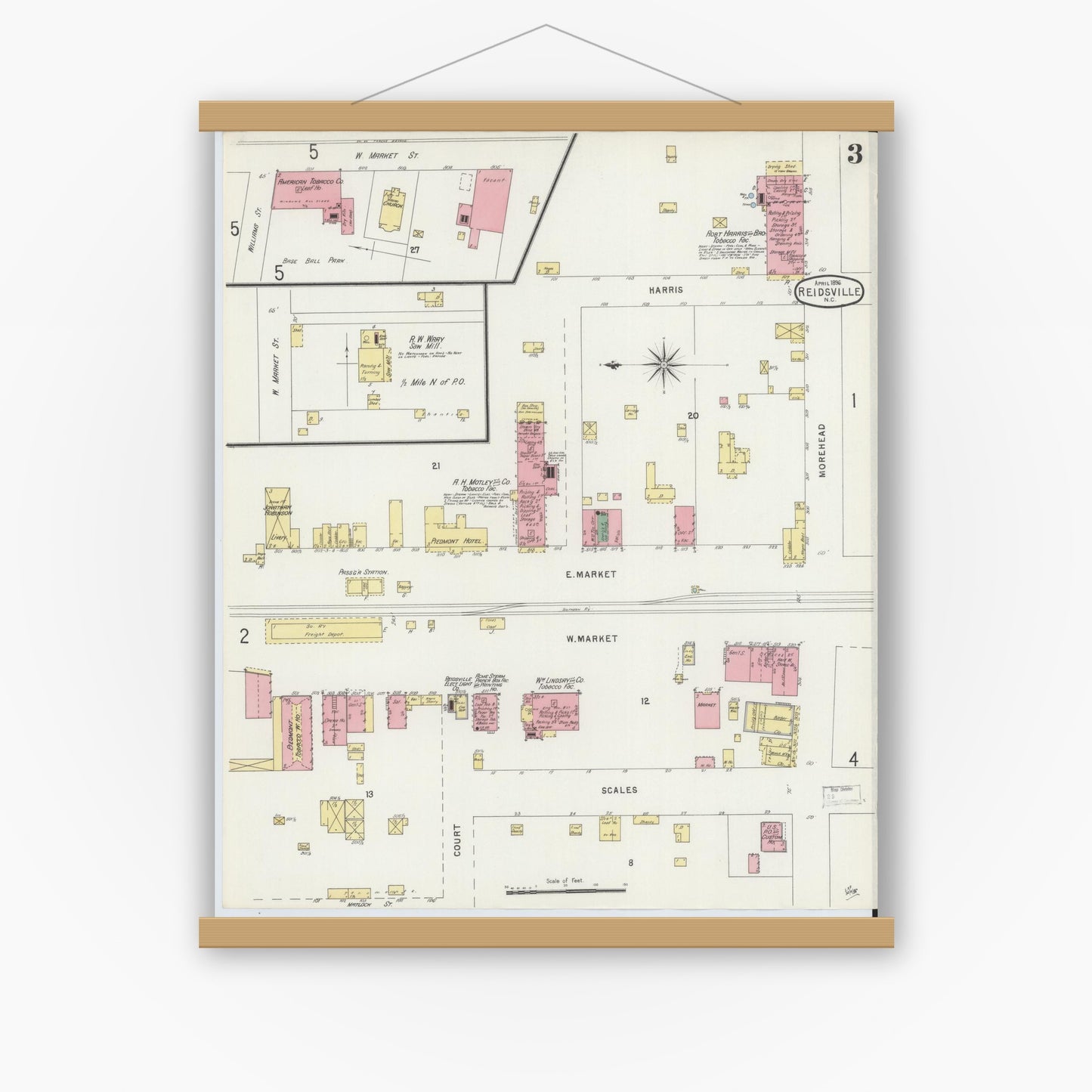 Old map wall art mockup — magnetic wood frame on white wall — Sanborn Fire Insurance Map from Reidsville, Rockingham County, North Carolina (1896), Sheet #0003