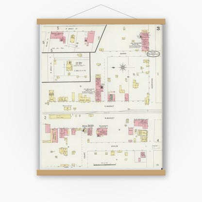 Old map wall art mockup — magnetic wood frame on white wall — Sanborn Fire Insurance Map from Reidsville, Rockingham County, North Carolina (1896), Sheet #0003