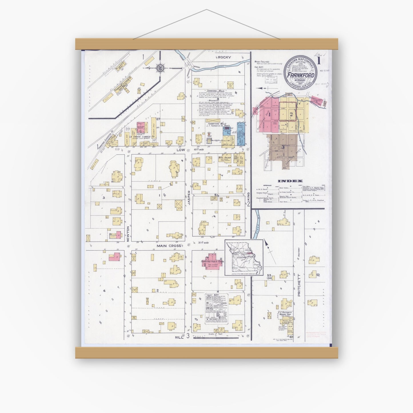 Old map wall art mockup — magnetic wood frame on white wall — Sanborn Fire Insurance Map from Frankford, Pike County, Missouri (1917) - Complete Map Set
