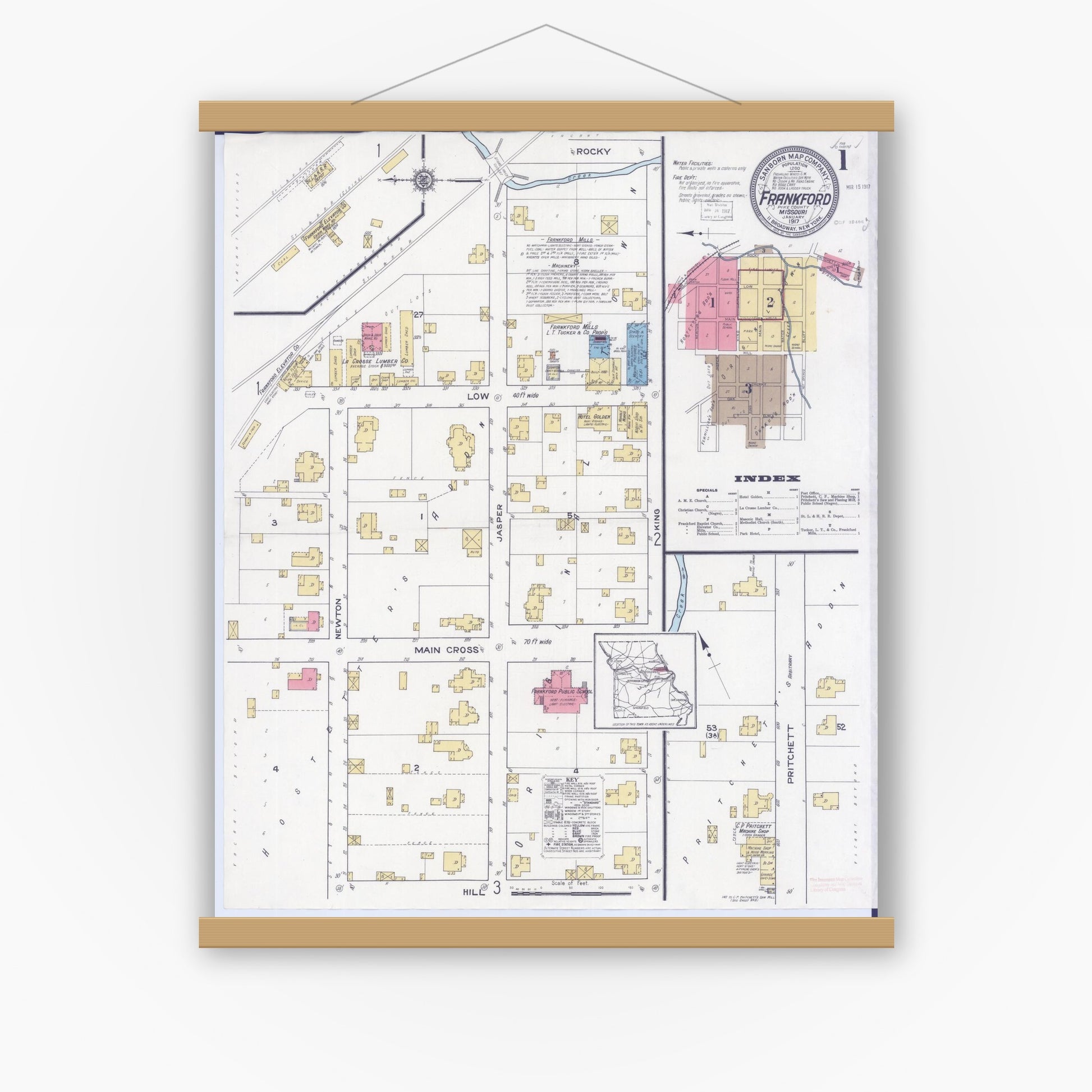 Old map wall art mockup — magnetic wood frame on white wall — Sanborn Fire Insurance Map from Frankford, Pike County, Missouri (1917) - Complete Map Set