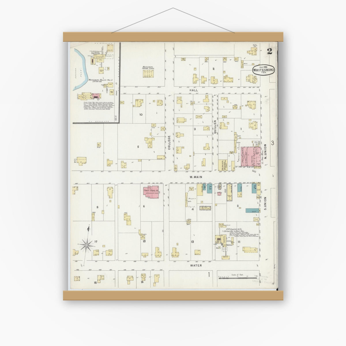 Old map wall art mockup — magnetic wood frame on white wall — Sanborn Fire Insurance Map from Whitesboro, Grayson County, Texas (1896), Sheet #0002