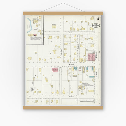 Old map wall art mockup — magnetic wood frame on white wall — Sanborn Fire Insurance Map from Whitesboro, Grayson County, Texas (1896), Sheet #0002