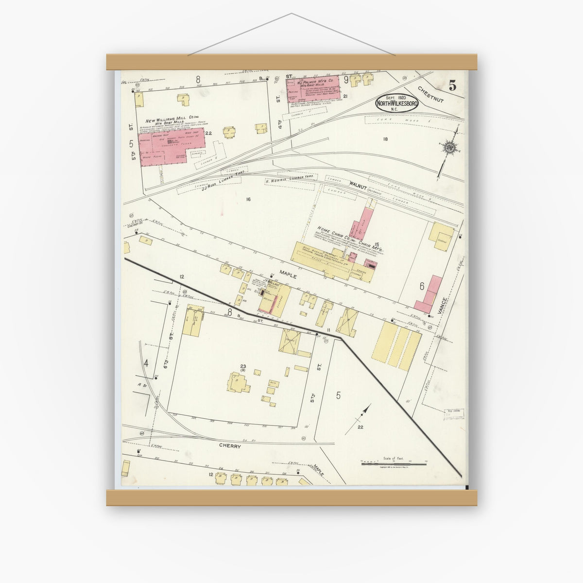 Old map wall art mockup — magnetic wood frame on white wall — Sanborn Fire Insurance Map from North Wilkesboro, Wilkes County, North Carolina (1920), Sheet #0005