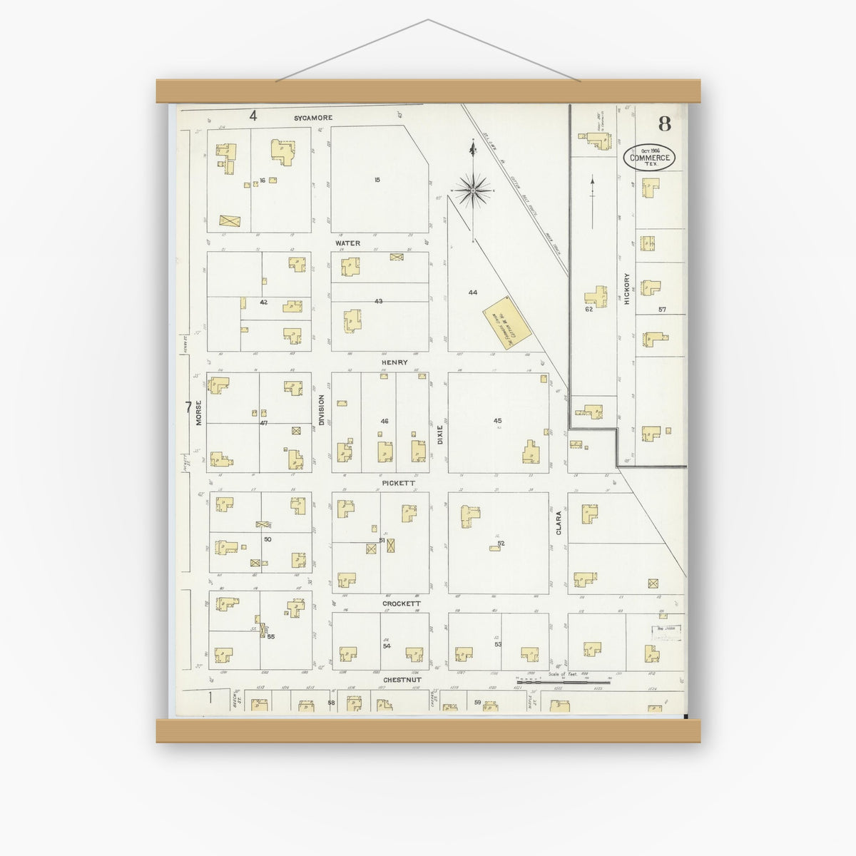 Old map wall art mockup — magnetic wood frame on white wall — Sanborn Fire Insurance Map from Commerce, Hunt County, Texas (1906), Sheet #0008