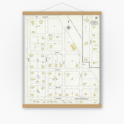Old map wall art mockup — magnetic wood frame on white wall — Sanborn Fire Insurance Map from Commerce, Hunt County, Texas (1906), Sheet #0008