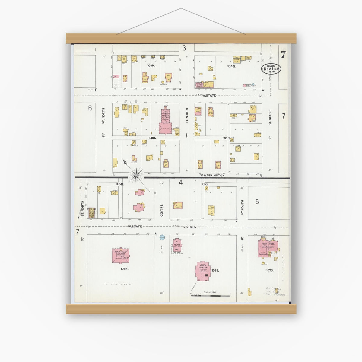 Old map wall art mockup — magnetic wood frame on white wall — Sanborn Fire Insurance Map from New Ulm, Brown County, Minnesota (1899), Sheet #0007