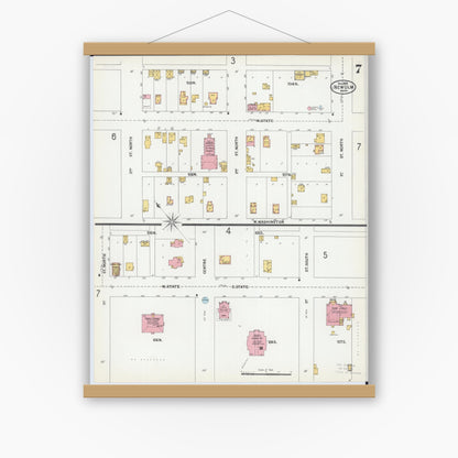 Old map wall art mockup — magnetic wood frame on white wall — Sanborn Fire Insurance Map from New Ulm, Brown County, Minnesota (1899), Sheet #0007
