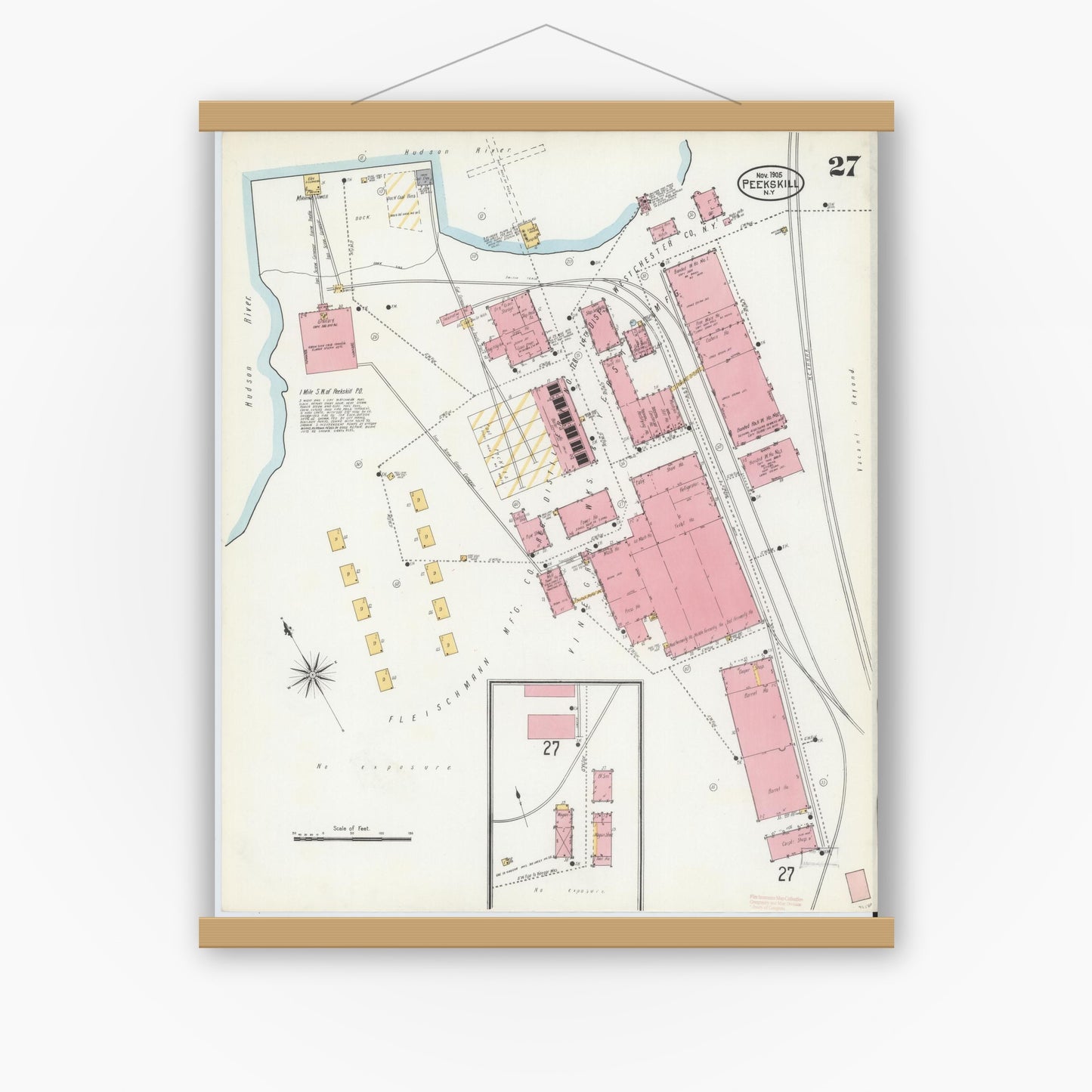 Old map wall art mockup — magnetic wood frame on white wall — Sanborn Fire Insurance Map from Peekskill, Westchester County, New York (1905), Sheet #0027