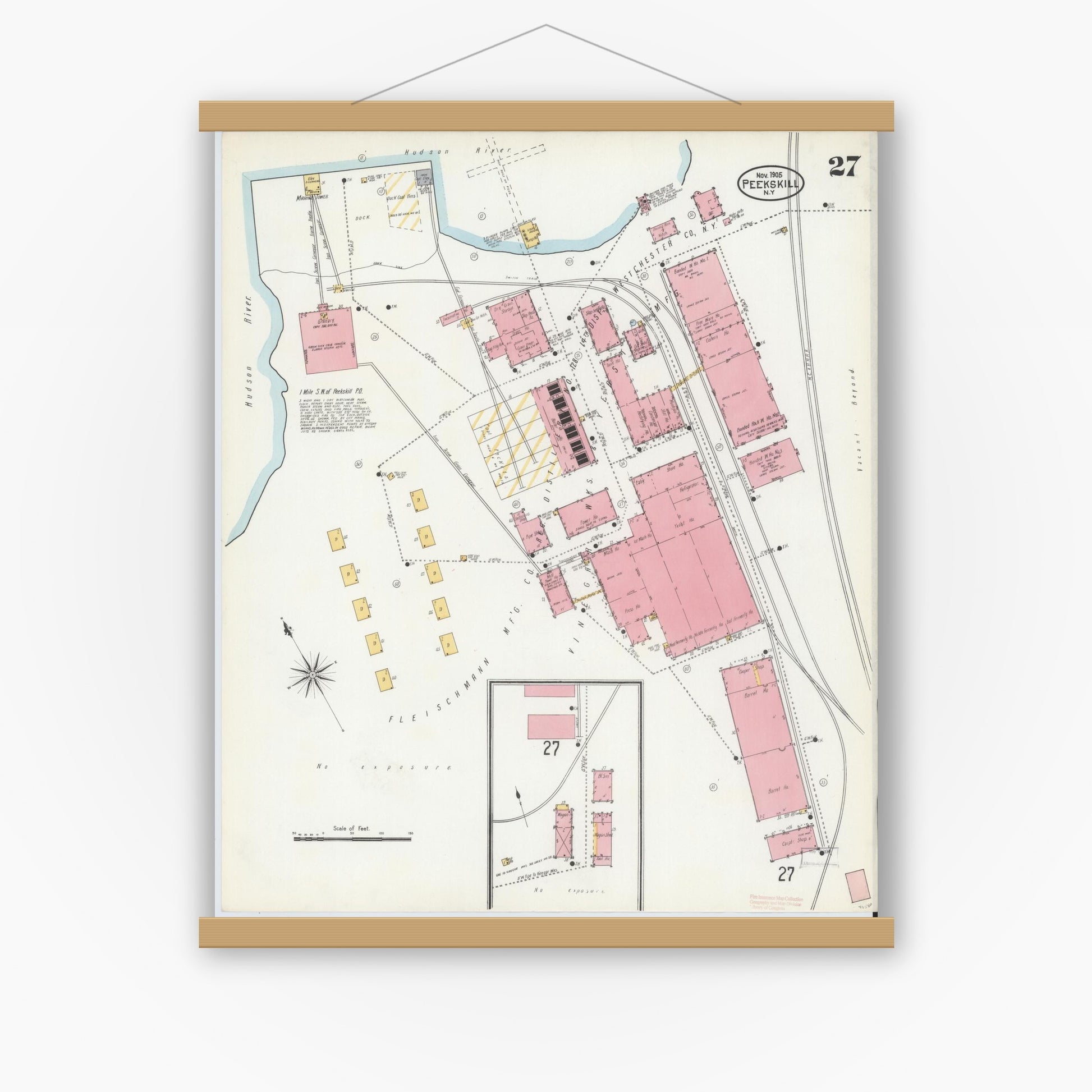 Old map wall art mockup — magnetic wood frame on white wall — Sanborn Fire Insurance Map from Peekskill, Westchester County, New York (1905), Sheet #0027