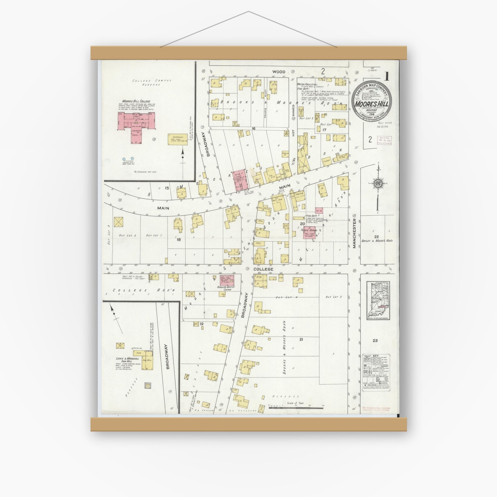 Old map wall art mockup — magnetic wood frame on white wall — Sanborn Fire Insurance Map from Moores Hill, Dearborn County, Indiana (1916) - Complete Map Set