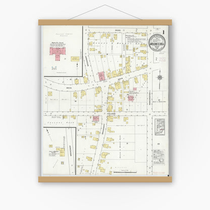 Old map wall art mockup — magnetic wood frame on white wall — Sanborn Fire Insurance Map from Moores Hill, Dearborn County, Indiana (1916) - Complete Map Set