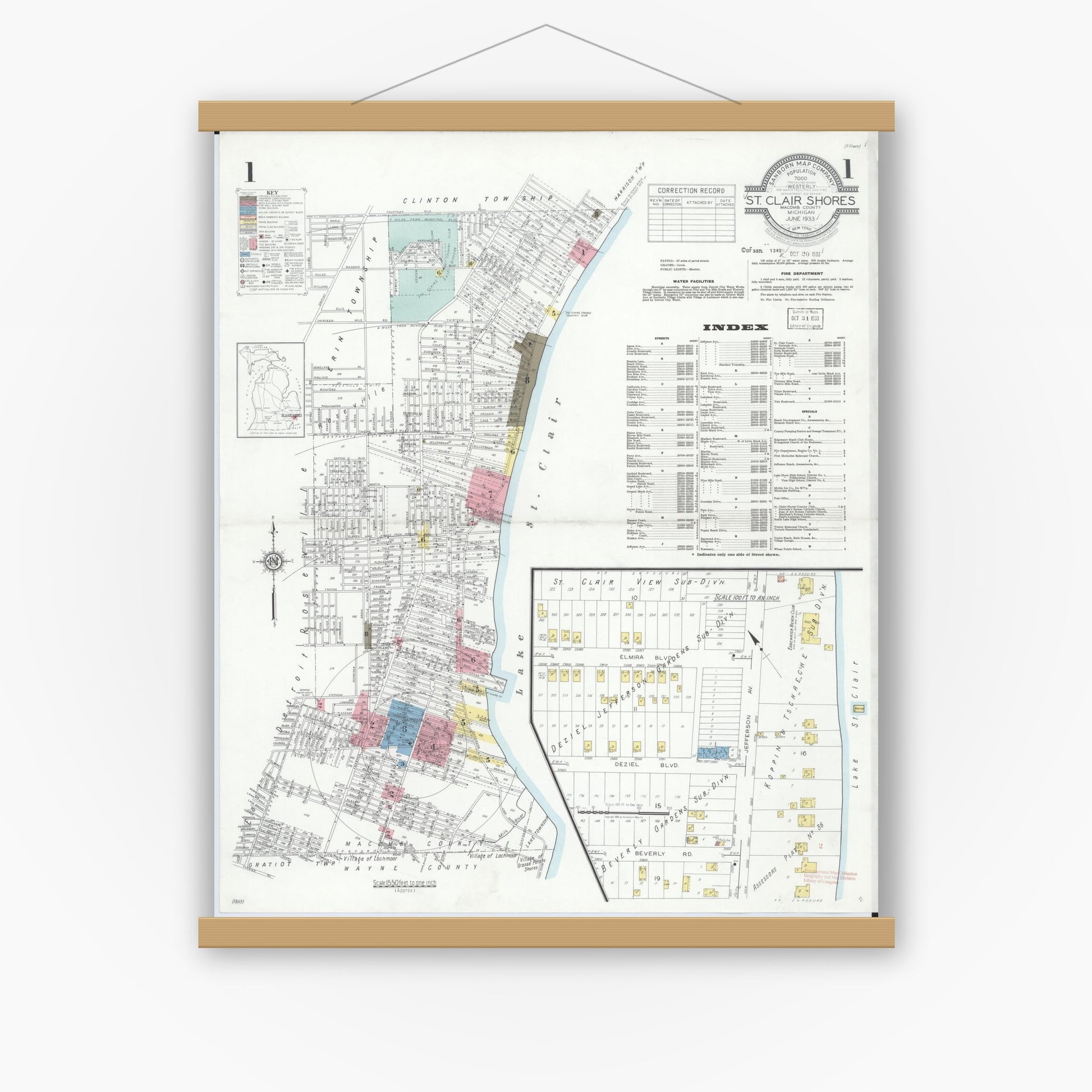 Old map wall art mockup — magnetic wood frame on white wall — Sanborn Fire Insurance Map from Saint Clair Shores, Macomb County, Michigan (1933) - Complete Map Set