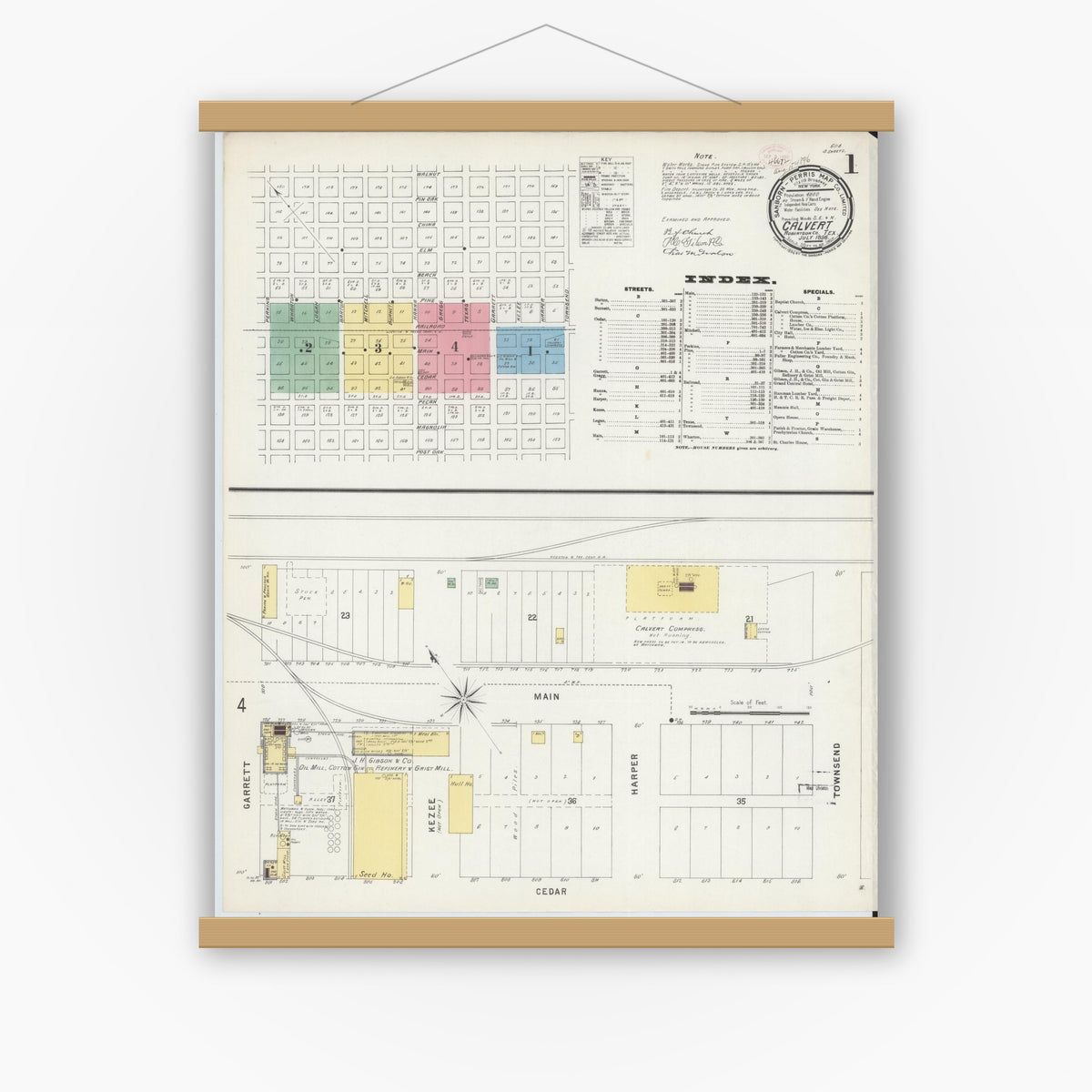 Old map wall art mockup — magnetic wood frame on white wall — Sanborn Fire Insurance Map from Calvert, Robertson County, Texas (1896) - Complete Map Set