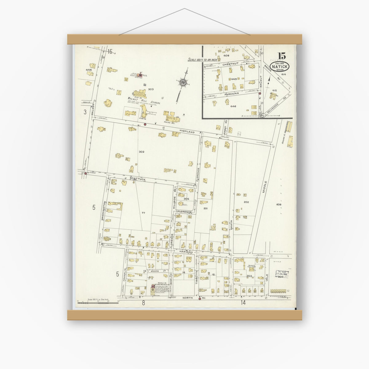 Old map wall art mockup — magnetic wood frame on white wall — Sanborn Fire Insurance Map from Natick, Middlesex County, Massachusetts (1915), Sheet #0015