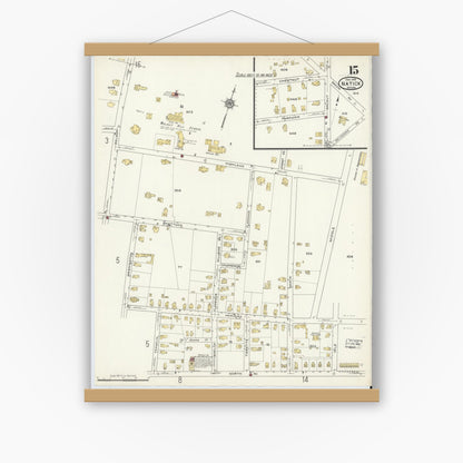 Old map wall art mockup — magnetic wood frame on white wall — Sanborn Fire Insurance Map from Natick, Middlesex County, Massachusetts (1915), Sheet #0015