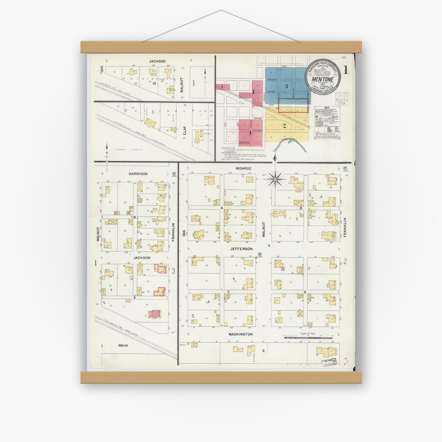 Old map wall art mockup — magnetic wood frame on white wall — Sanborn Fire Insurance Map from Mentone, Kosciusko County, Indiana (1907) - Complete Map Set