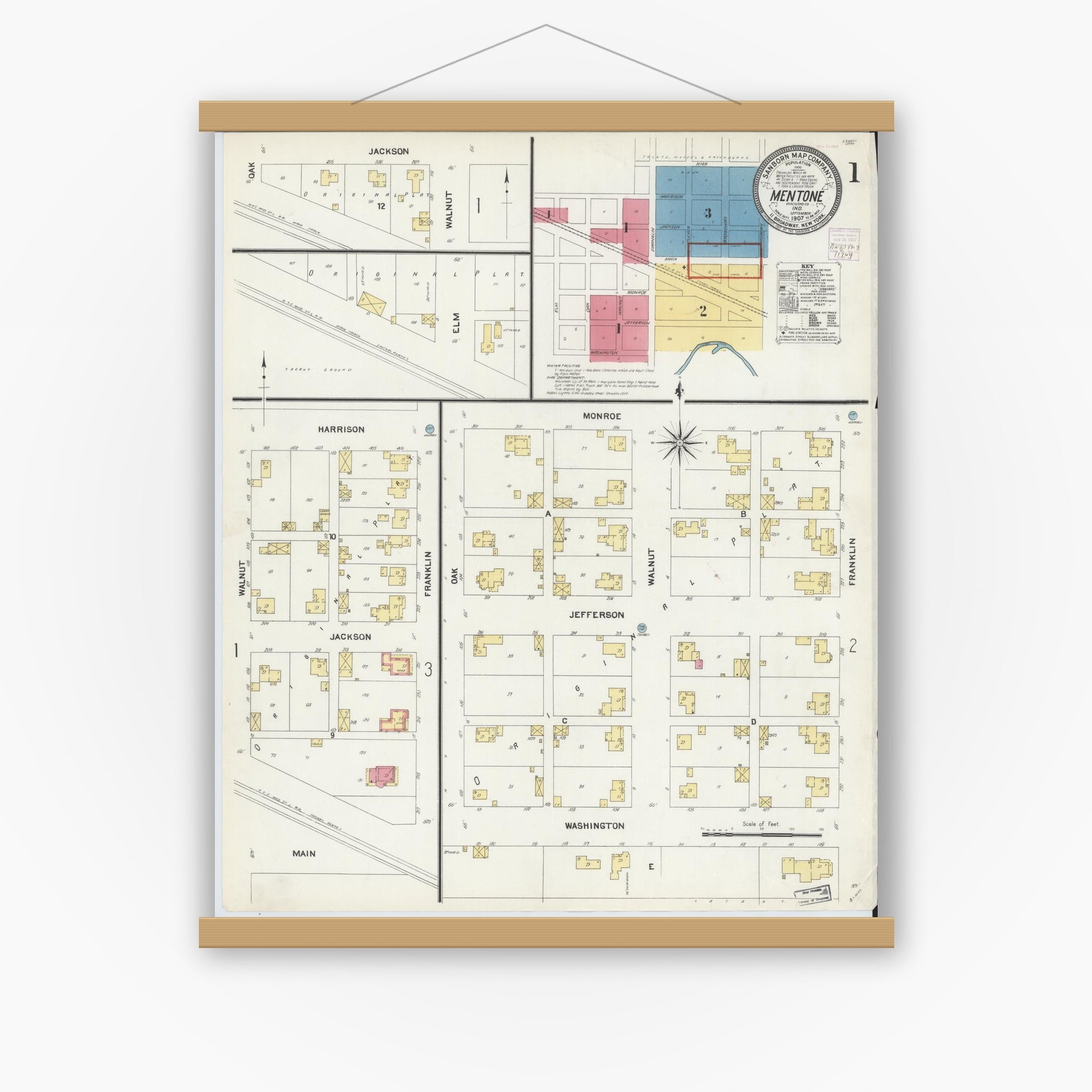 Old map wall art mockup — magnetic wood frame on white wall — Sanborn Fire Insurance Map from Mentone, Kosciusko County, Indiana (1907) - Complete Map Set