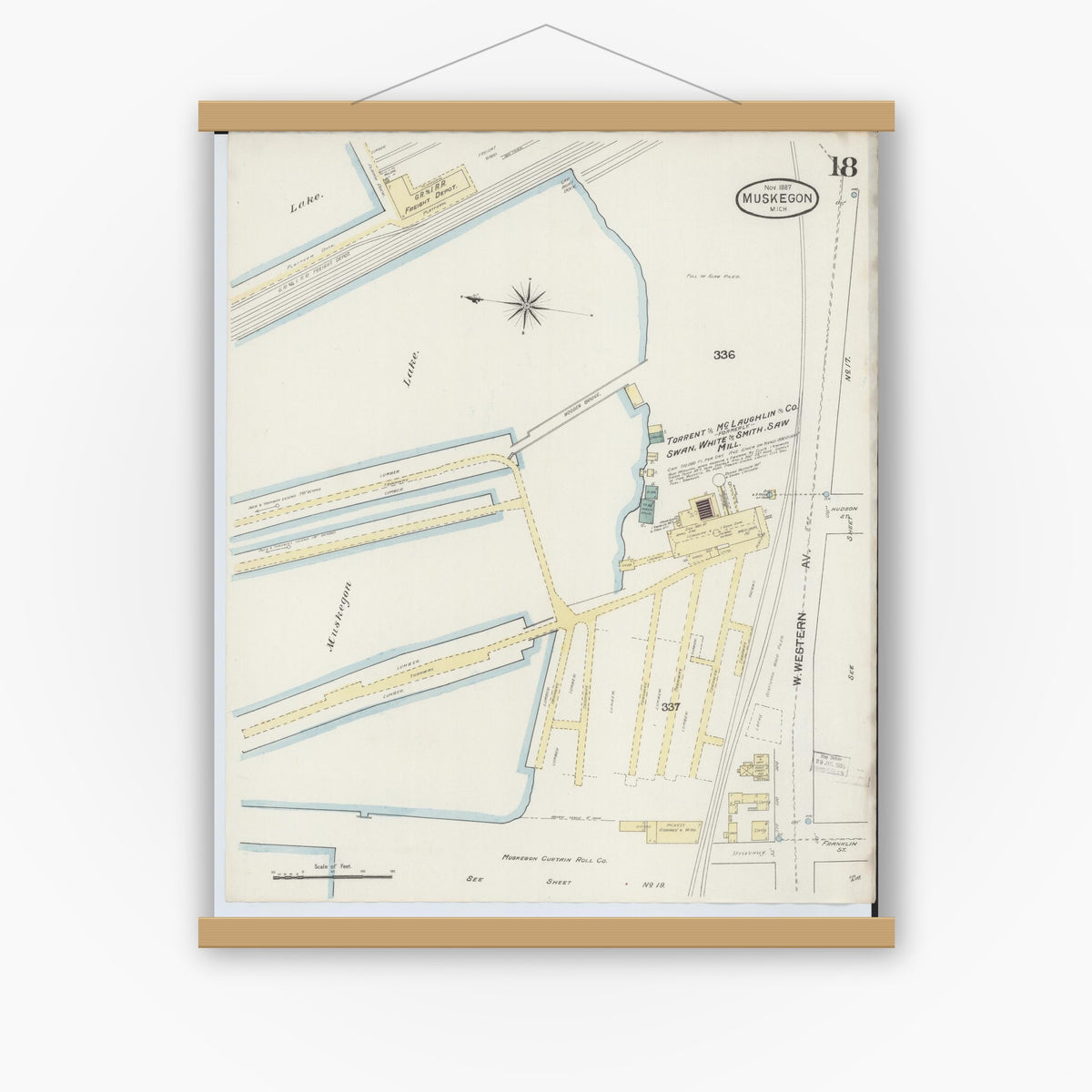 Old map wall art mockup — magnetic wood frame on white wall — Sanborn Fire Insurance Map from Muskegon, Muskegon County, Michigan (1887), Sheet #0018