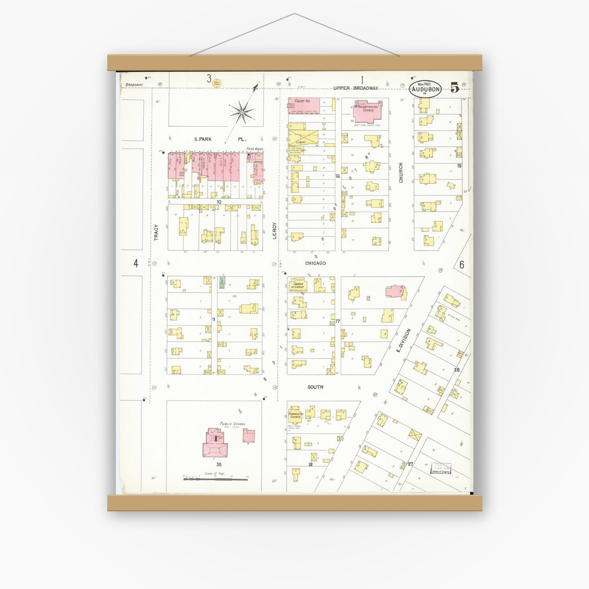 Old map wall art mockup — magnetic wood frame on white wall — Sanborn Fire Insurance Map from Audubon, Audubon County, Iowa (1901), Sheet #0005