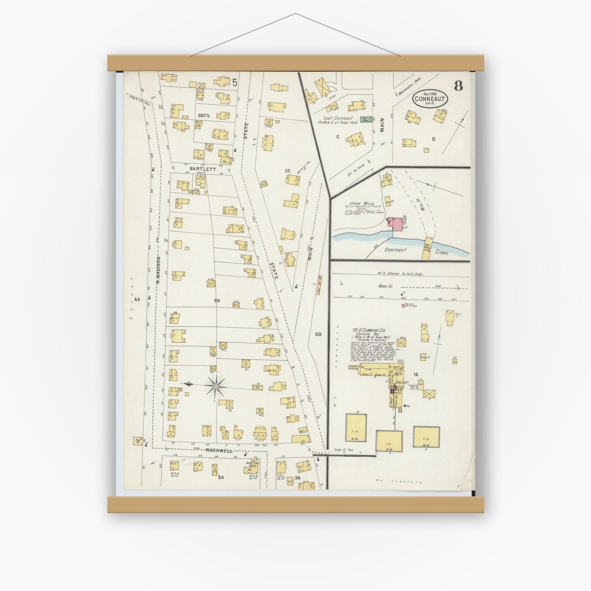 Old map wall art mockup — magnetic wood frame on white wall — Sanborn Fire Insurance Map from Conneaut, Ashtabula County, Ohio (1898), Sheet #0008