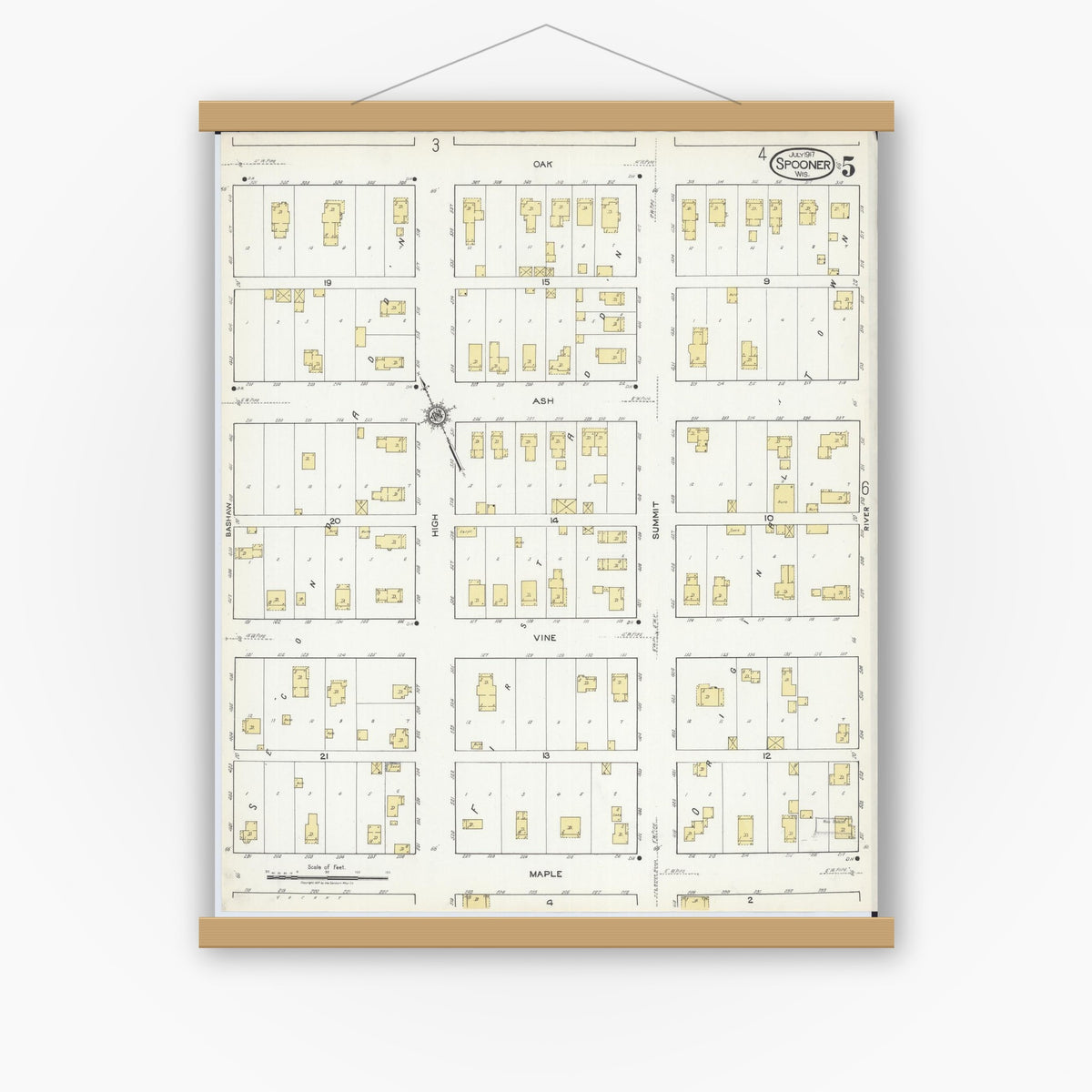 Old map wall art mockup — magnetic wood frame on white wall — Sanborn Fire Insurance Map from Spooner, Washburn County, Wisconsin (1917), Sheet #0005