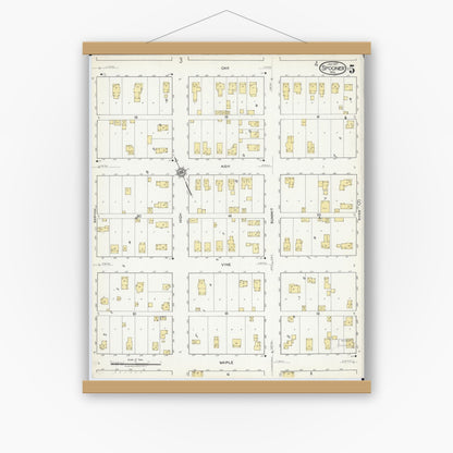 Old map wall art mockup — magnetic wood frame on white wall — Sanborn Fire Insurance Map from Spooner, Washburn County, Wisconsin (1917), Sheet #0005